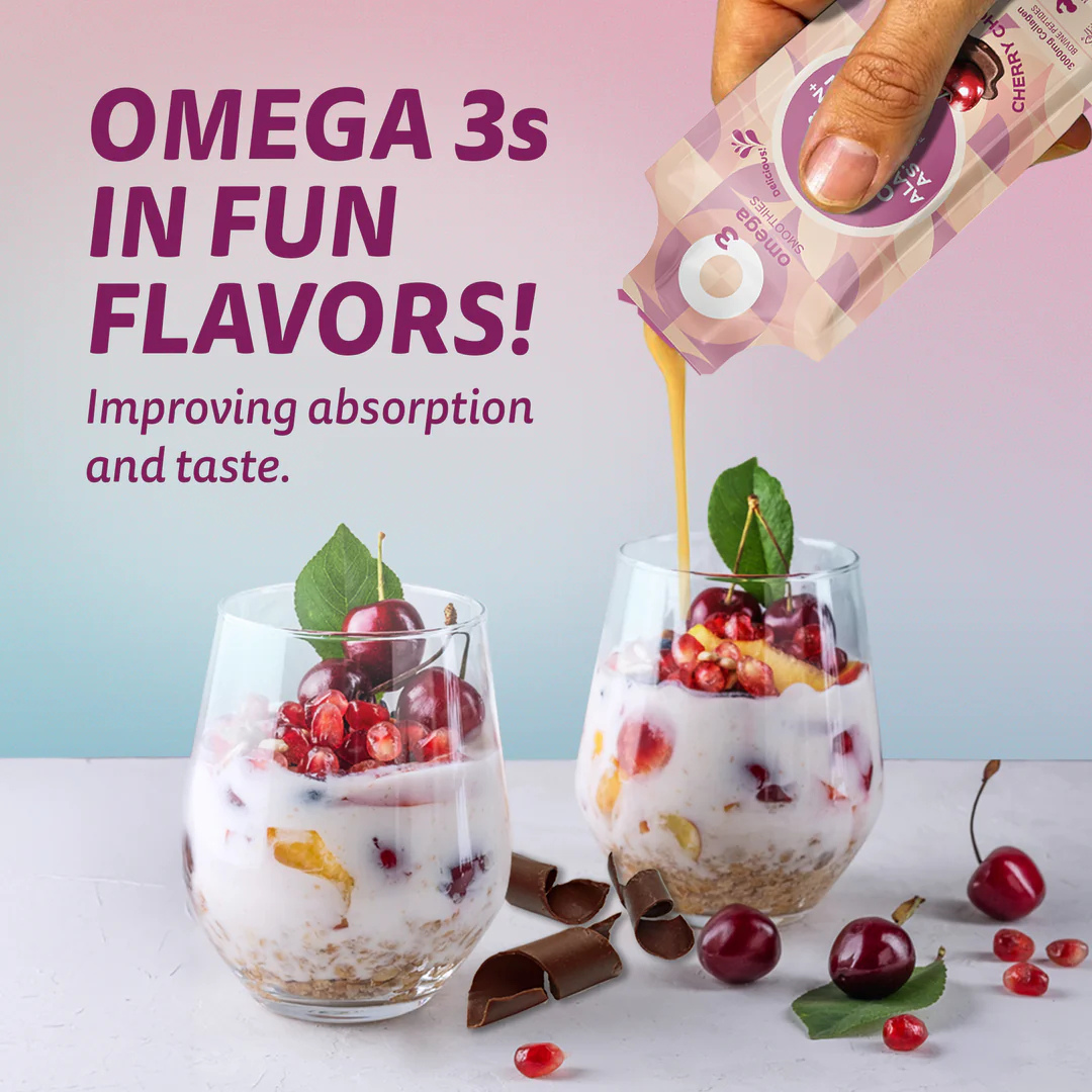 O3 Smoothie Cherry Chocolate dietary supplement pouch poured into yogurt with cherries and chocolate pieces